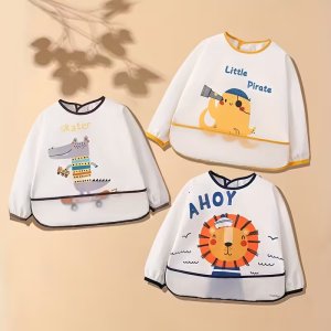 One Long Sleeve Baby Bib Protects Your Little One's Clothes Cute Animal Print Artistic Apron for Kids 6-72 Months